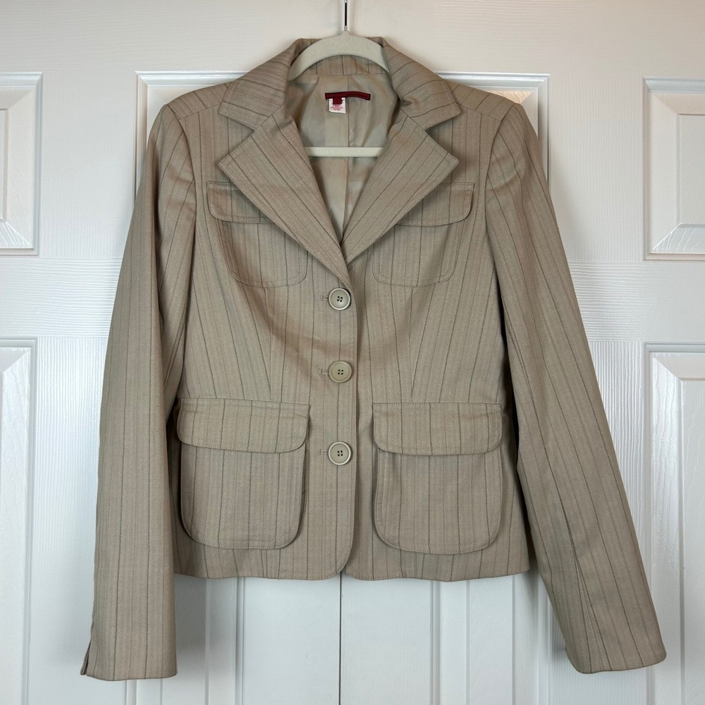 Y2K Tapemeasure Womens Tan Pinstripe 3-Button Blazer Jacket Size 4 Pockets Lined